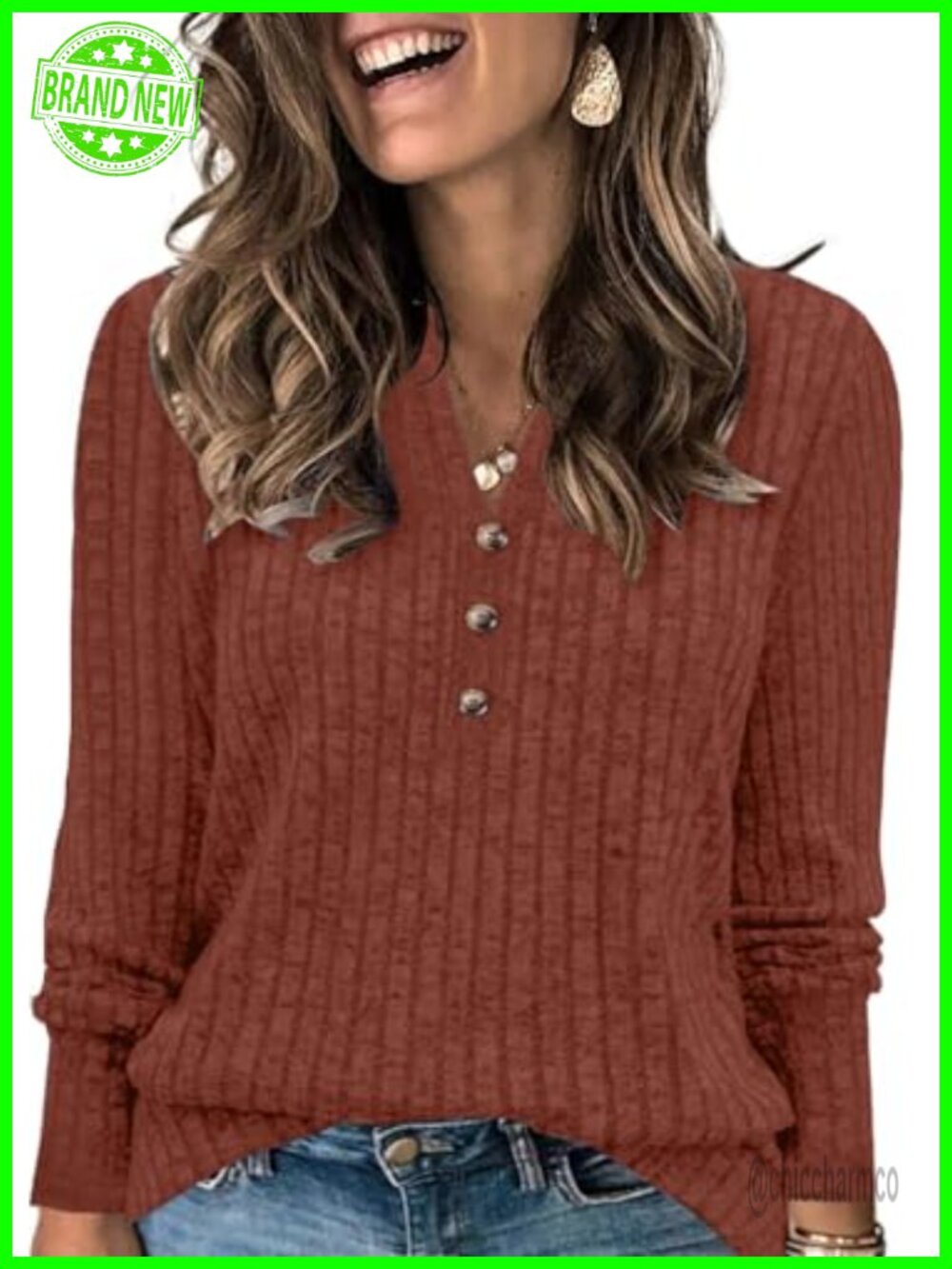 Plus Size Long Sleeve Button Down Tunic Sweater V-Neck L-4XL
